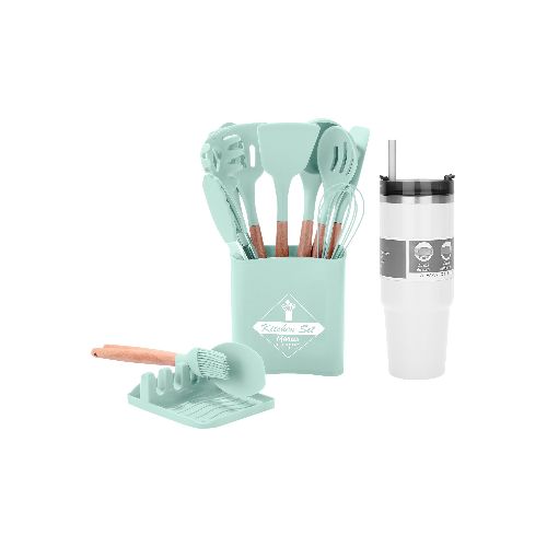 Juego de Menage Verde en Silicona y Madera 13 Piezas + Mug Vaso Térmico Grande 900ml Blanco Acero Inox Doble Pared con Tapa y Sorbete