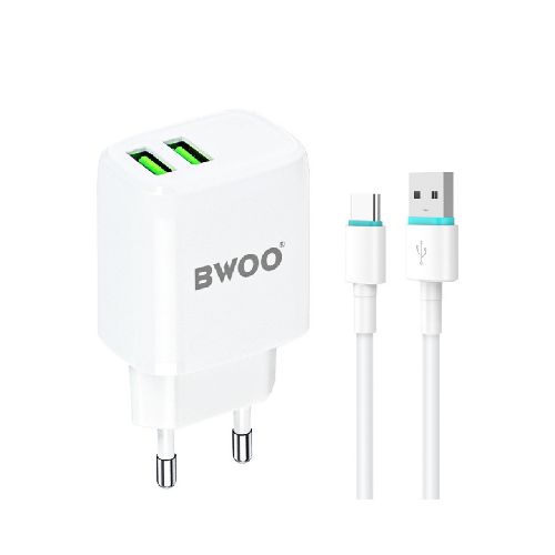 Cargador de Pared 2 USB con cable Usb-c  5V 2.4A BWOO  Bwoo