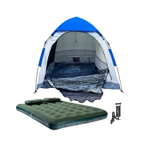 COMBO Carpa automática Repelente al agua - 2 personas + Colchón Inflable Doble KLIMBER + 2 Almohadas + Inflador — Aventureros