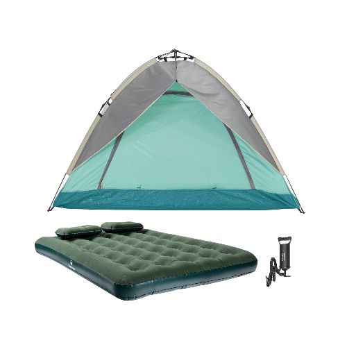 COMBO Carpa repelente al agua autoarmable - 2 personas - Verde + Colchón Inflable Doble KLIMBER + 2 Almohadas + Inflador - Verde — Aventureros