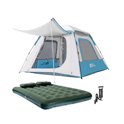 COMBO Carpa automática con toldo para 2 personas - Blanco + Colchón Inflable Doble KLIMBER + 2 Almohadas + Inflador — Aventureros