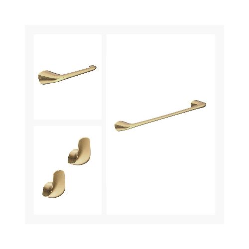 SET DE ACCESORIOS ORO MATE LINEA EPUYENM INCLUYE 2 PERCHAS, PORTAROLLO Y TOALLERO BARRAL 40 CM. — Acher Cerámicas