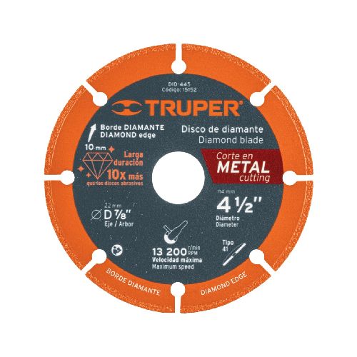 DISCO DE DIAMANTE TRUPER PARA AMOLADORA CORTE DE METAL 115M