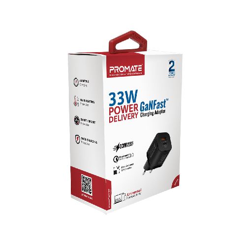 Cargador de pared PROMATE Powerport-33 33w usb-c/a negro - Devoto Hnos. S.A.