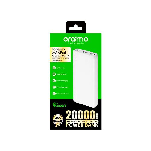 Acumulador ORAIMO Traveler 4 20000 mAh con linterna blanco - Devoto Hnos. S.A.