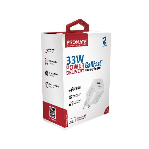 Cargador de pared PROMATE Powerport-33 33w usb-c/a blanco - Devoto Hnos. S.A.