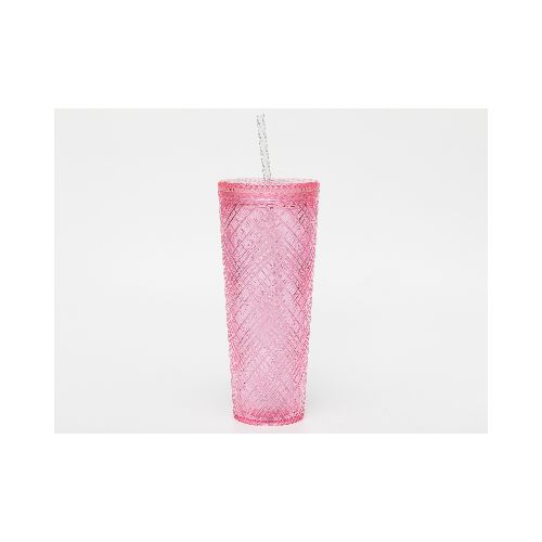 VASO DE PLÁSTICO A CUADROS CON SORBITO (COLECCIÓN CHERRY BLOSSOM/ROSA/740 ML) — MUMUSO