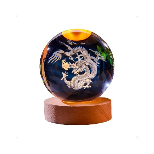 Lampara Bola Cristal Led Veladora Con Base Madera Dragon  