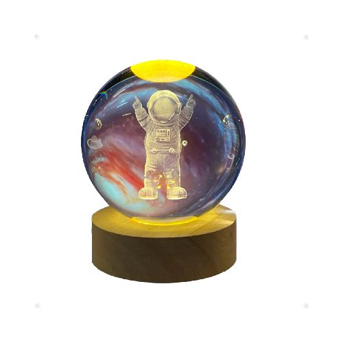 Lampara Bola Cristal Led Veladora Con Base Madera Astronauta  