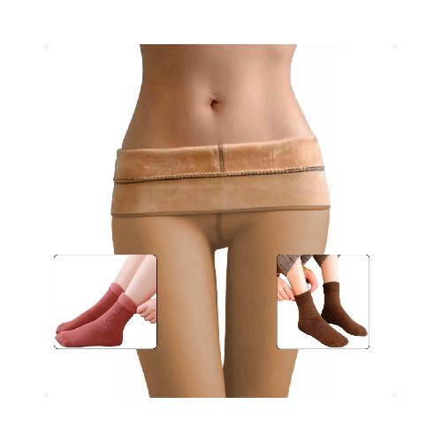 Medias Panty Calza Térmica Con Corderito Beige + 2 Pares Medias De Regalo  