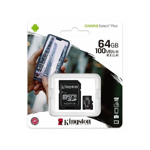 Tarjeta de Memoria MicroSD Clase 10 Canvas Select Plus con Adaptador SD de 64GB Kingston  