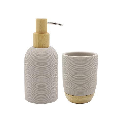 Set Baño Dispensador de Jabón y Porta Cepillo de Resina y Madera - GRIS  Home class