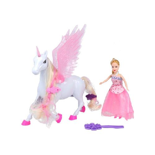 Muñeca Mediana Con Unicornio Rosa Incluye Peine  