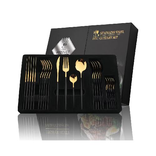 Juego de 24 Cubiertos Dorados con Mango Negro Acero Inoxidable  