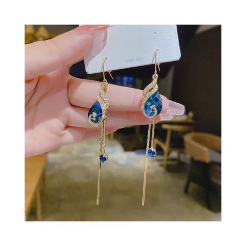 Caravanas Enchapadas En Oro 18K - Pavo Real Con Cristal Azul  