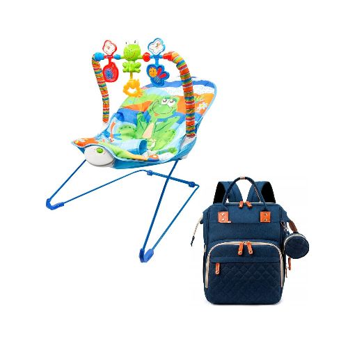 Silla Mecedora Bouncer Bebé + Mochila Maternal Impermeable - Variante Color Celeste Azul — Atrix