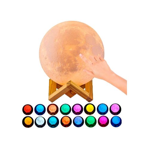 Lámpara Veladora Luna Con Base Madera 18cms Luces Rgb Táctil — Atrix