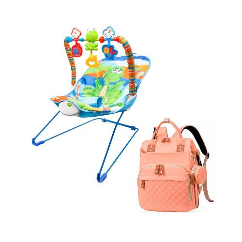 Silla Mecedora Bouncer Bebé + Mochila Maternal Impermeable - Variante Color Celeste Salmon — Atrix