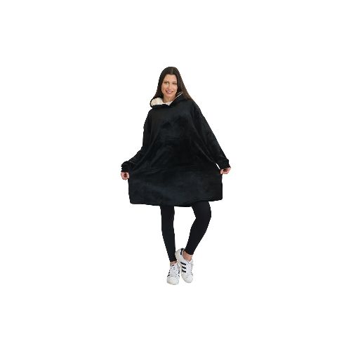 Manta Buzo Canguro Con Capucha Corderito Invierno Suave - Variante Color Negro — Atrix