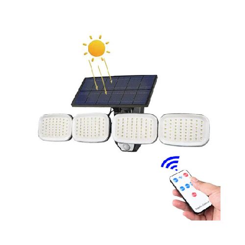 Foco Solar de Pared Ajustable 4 Luces Led c/Sensor y Control - Negro