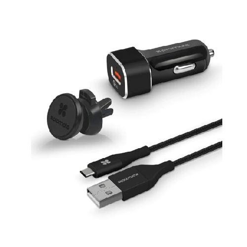 Kit Carga Rápida Auto Soporte Cargador Cable USB Promate QC3 - Negro