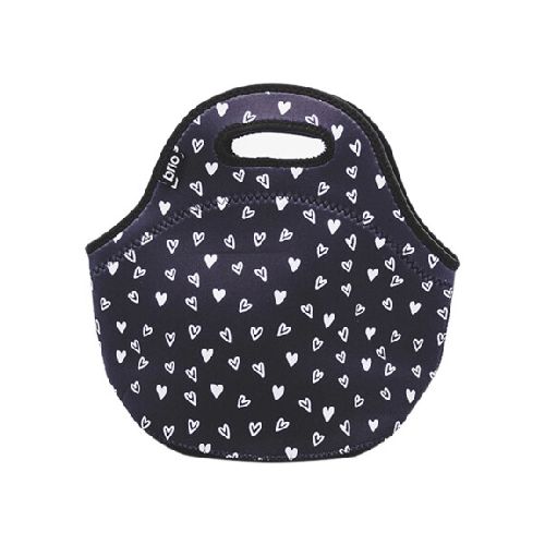 Lunchera de Neopreno Brio Bolso Térmico Bebida Comida c/ Asa - Negro Corazones Blancos