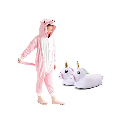 Set Infantil con Pijama Entero Cerdito + Pantuflas Unicornio - Blanco