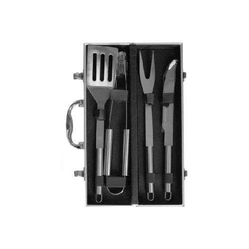 Set Asado Asador 4 Piezas Acero Con Valija Para Estampar - Plateado