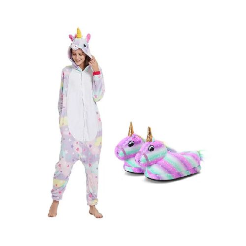 Set p/Adultos Diseño Unicornio con Pijama Entero + Pantuflas - Multicolor