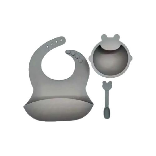 Set de Comida p/ Bebé con Babero Bowl y Cuchara de Silicona - Gris