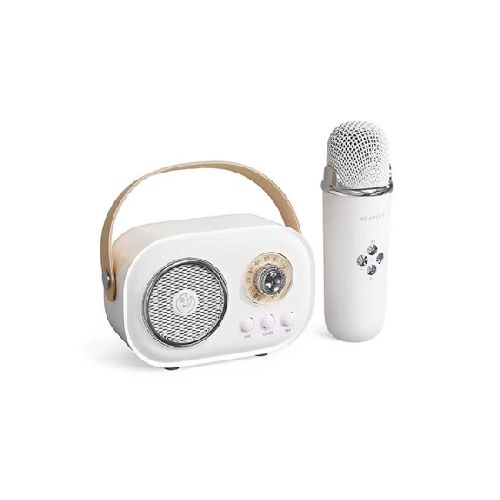 Parlante Vintage Bluetooth y Micrófono Inalámbrico Karaoke - Blanco