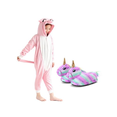 Set Infantil con Pijama Entero Cerdito + Pantuflas Unicornio - Rosa