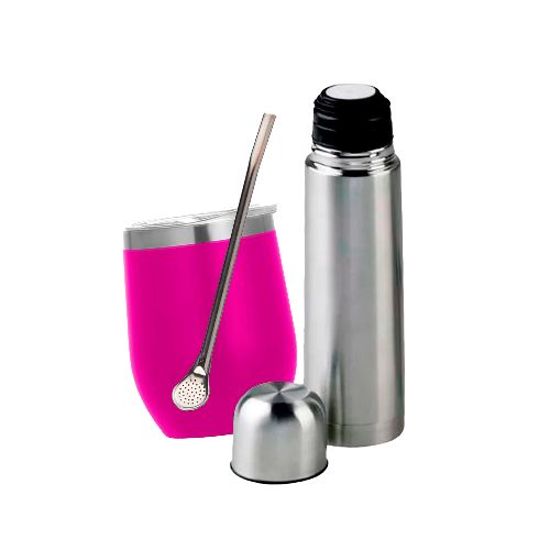 Set 3en1 Termo 1lt Mate Y Bombilla Acero Inox. Combo Matero Color Rosa