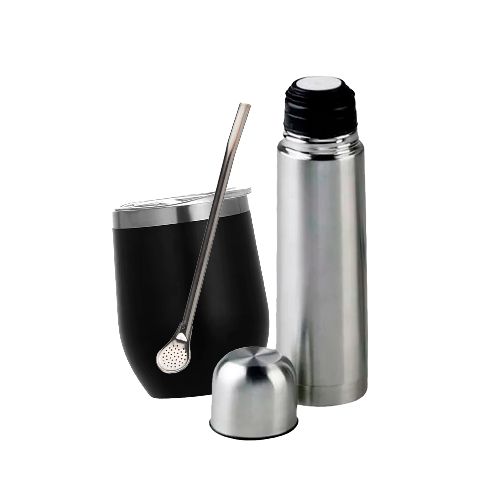 Set 3en1 Termo 1lt Mate Y Bombilla Acero Inox. Combo Matero Color Negro