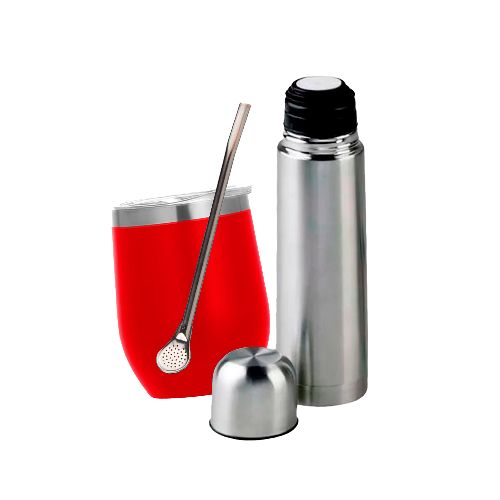 Set 3en1 Termo 1lt Mate Y Bombilla Acero Inox. Combo Matero Color Rojo